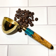 Load image into Gallery viewer, Coffee Scoop - 2 TBS Gold Titanium - Blue Resin &amp; Maple