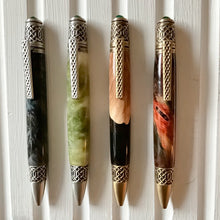 Load image into Gallery viewer, Pen - Celtic - Antique Brass - Red, Yellow &amp; Black Buckeye Wood